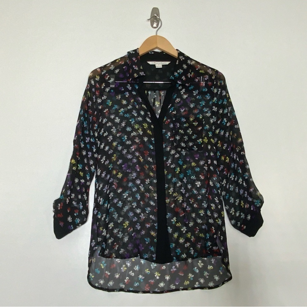 Diane Von Furstenberg Black Sheer Button-Down with Multicolor Micro Floral Motif